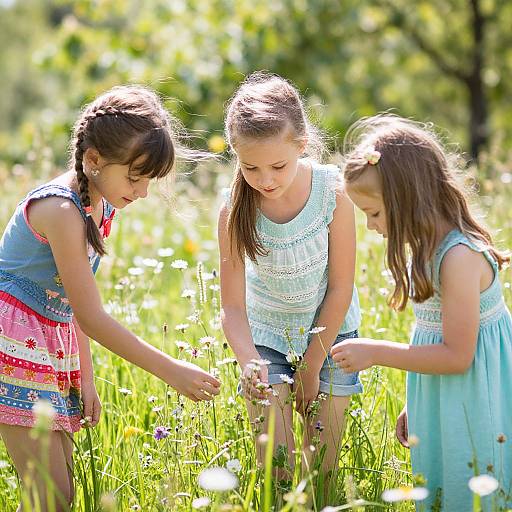 Photograph of three young girls with braided hair, wearing colorful dresses, bending to pick wildflowers in a sunlit, green meadow.