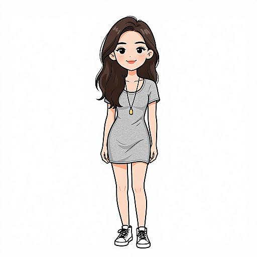Digital drawing of a cute, smiling young woman with long dark hair, wearing a gray short dress, necklace, and white sneakers.
