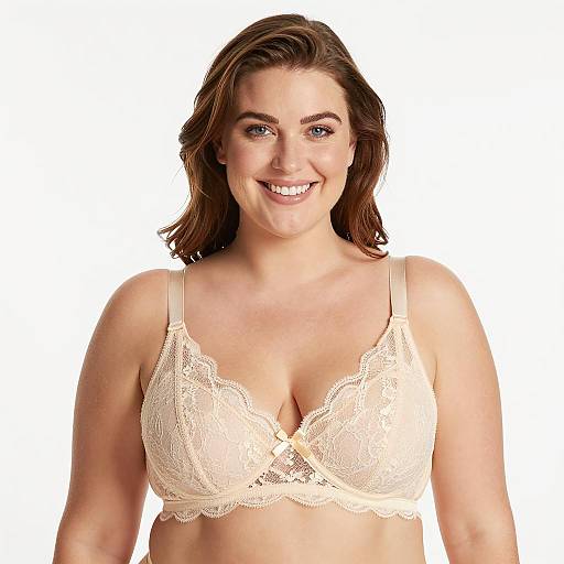 Smiling Woman in Beige Lace Bra
