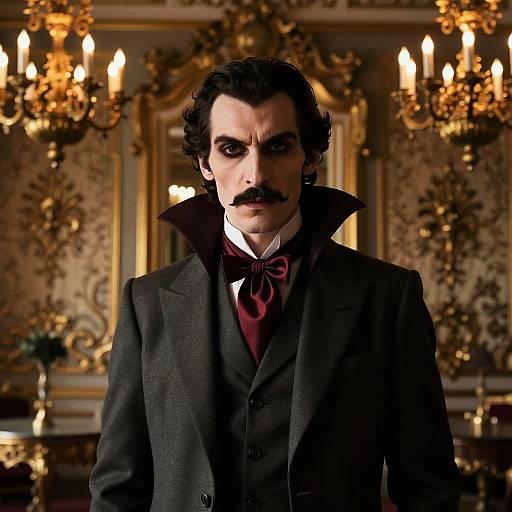 Photograph of a dark-haired man with a mustache, wearing a black Victorian suit and red bow tie, standing in an opulent, gold-ac