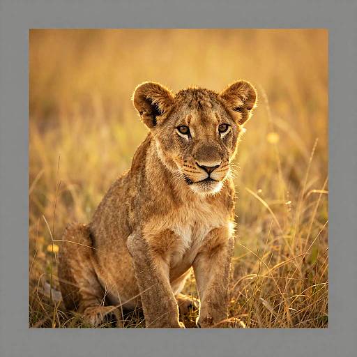 Photograph of a young lioness with golden-brown fur, alert and sitting in a sunlit, yellow grassy field, framed by a gray