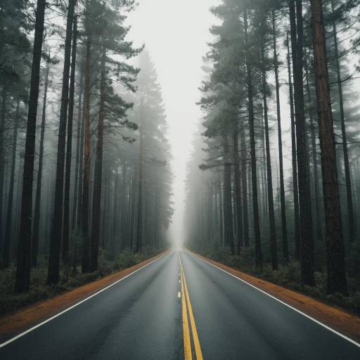 Foggy Road Through Pine Forest