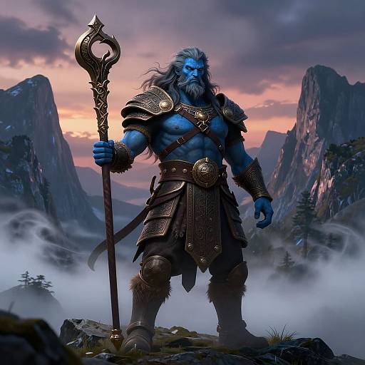 Digital fantasy artwork of a blue-skinned, muscular, bearded warrior with long hair, holding an ornate staff, standing in a misty mountain