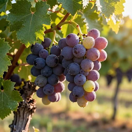 Photograph of a sunlit grape cluster with purple and yellow grapes, covered in dewdrops, hanging from a vine with green leaves in a vineyard