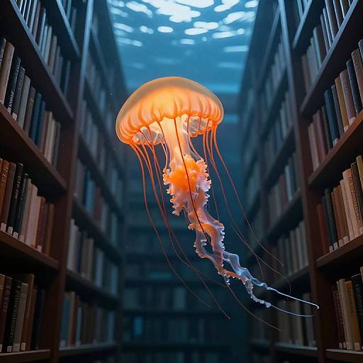 Photograph of a glowing orange jellyfish with long, translucent tentacles floating down the aisle of a dimly lit, blue-tinted library with