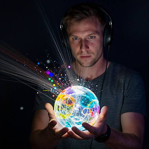 Man with Headphones Holding Glowing Object