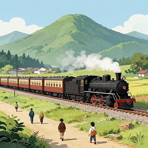 Medieval Illustration of Steam Train Journey