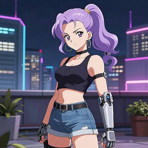 Anime Android 18 in Neon Rooftop