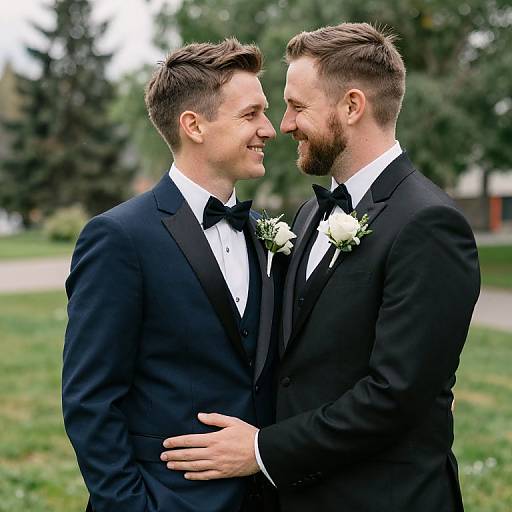 Photograph of two smiling, bearded men in black tuxedos with white rose boutonnieres, standing close, facing each other outdoors.