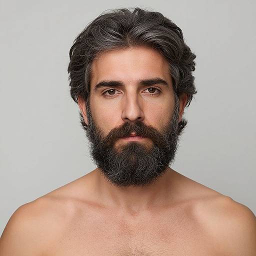 Photograph of a shirtless, middle-aged man with a full black beard, wavy dark hair, and light olive skin, facing forward against a