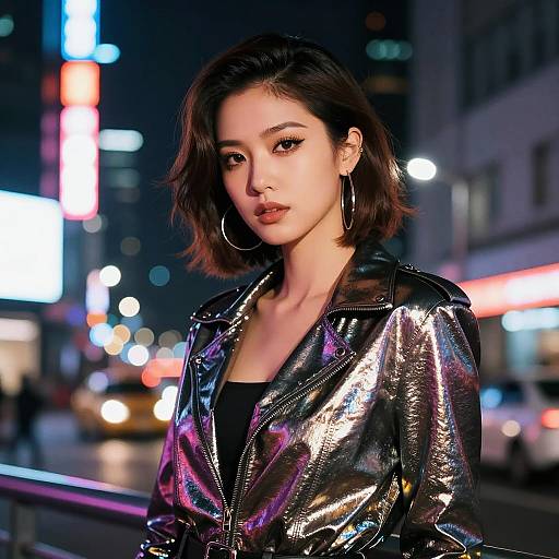 Confident woman in metallic jacket at night city