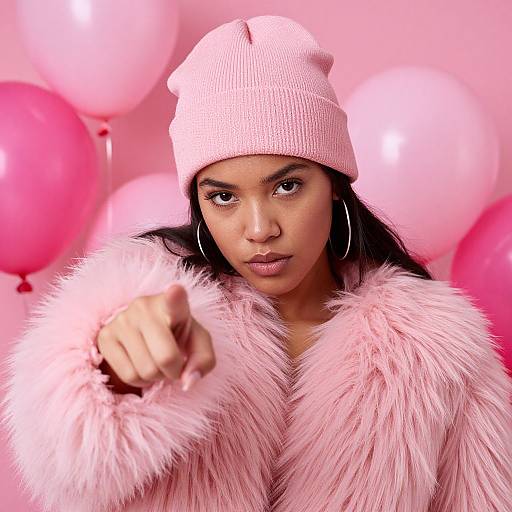 Young Woman in Pink Beanie and Fur Coat