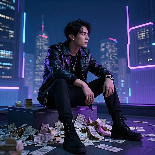 Photograph of a serious Asian man in a black leather jacket, sitting on a box, surrounded by scattered money, in a neon-lit, futuristic