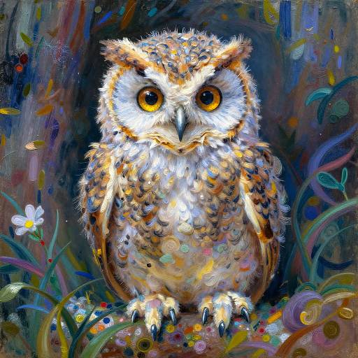 Vivid, digital painting of a large, detailed owl with bright yellow eyes, intricate brown and white feather patterns, and colorful forest background.