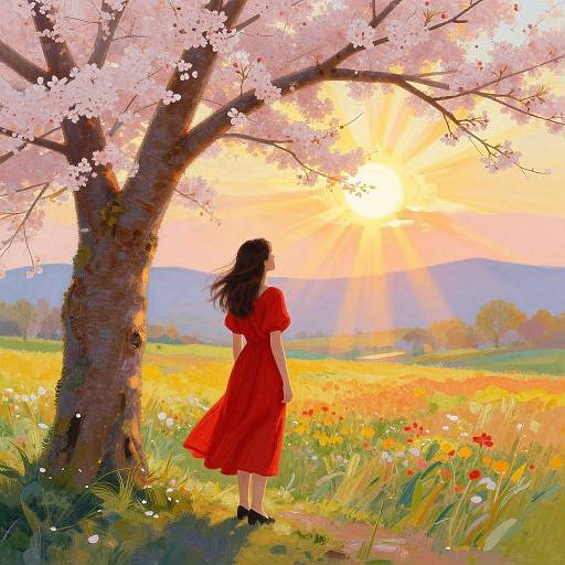 Digital painting of a woman in a red dress standing under a cherry blossom tree, watching a radiant sunset over a colorful meadow.