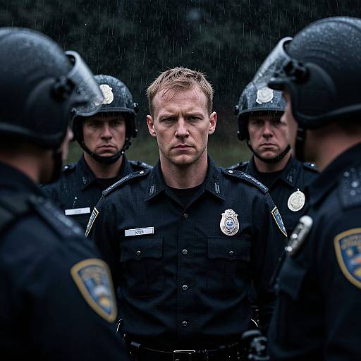 Photograph of a serious, blonde male police officer in black uniform, flanked by four officers in tactical gear with helmets, under rainy conditions.