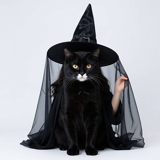 Photograph of a black cat with yellow eyes, wearing a large black witch hat and sheer black cape, against a white background.