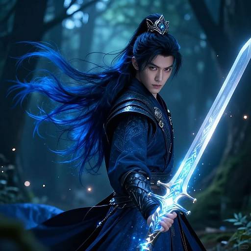 Digital artwork of a fierce, long-haired warrior with glowing blue sword, dark armor, and crown, standing in a mystical forest.
