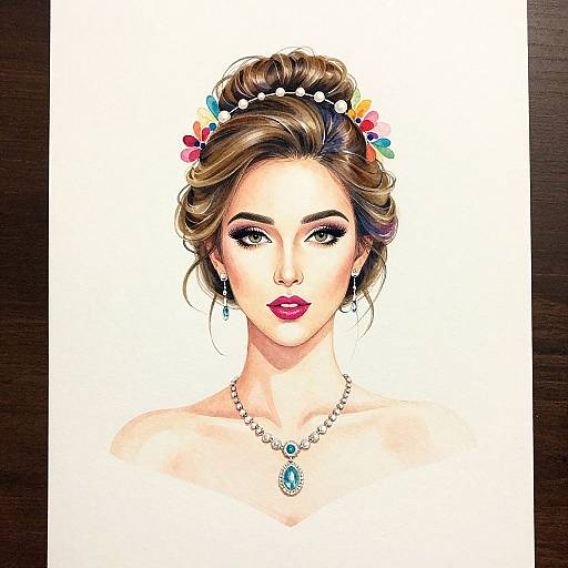 Digital illustration of a beautiful woman with fair skin, brown updo adorned with colorful flowers and pearls, wearing a silver necklace, red lipstick, and earrings