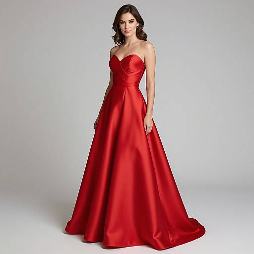 Photograph of a dark-haired woman in a strapless, vibrant red satin evening gown, standing against a plain white background.