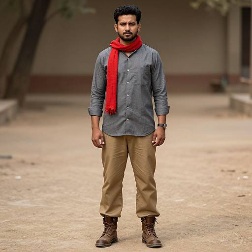 Serious Man in Grey Shirt Outfit