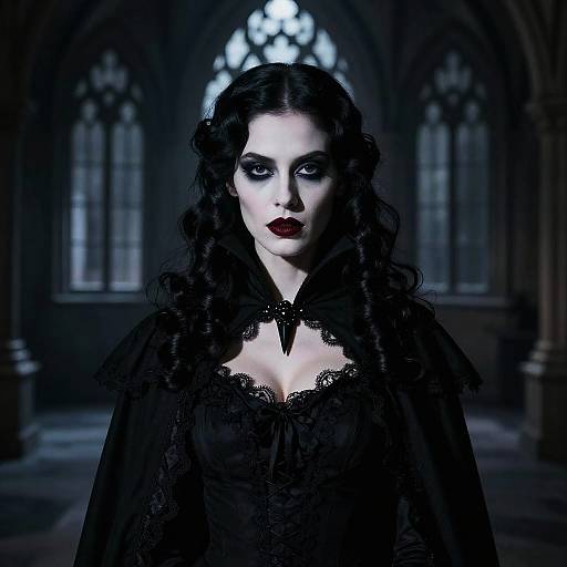 Gothic vampire woman with pale skin, dark curly hair, and black lace dress stands in a dimly lit, arched window cathedral. Phot