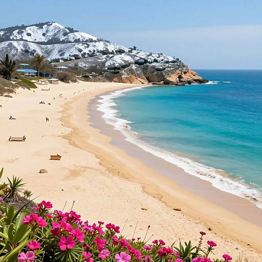 Photograph of a sunny, sandy beach with turquoise waves, snow-capped hills, scattered beach chairs, and vibrant pink flowers in the foreground.