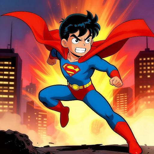 Digitally drawn Superboy in blue suit with red cape, boots, and 'S' emblem, leaping amid a city skyline explosion. Dynamic,