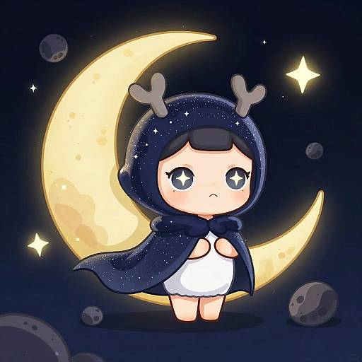 Cute chibi-style character with antlers, blue hood, white dress, and starry cape, stands against a glowing yellow crescent moon in