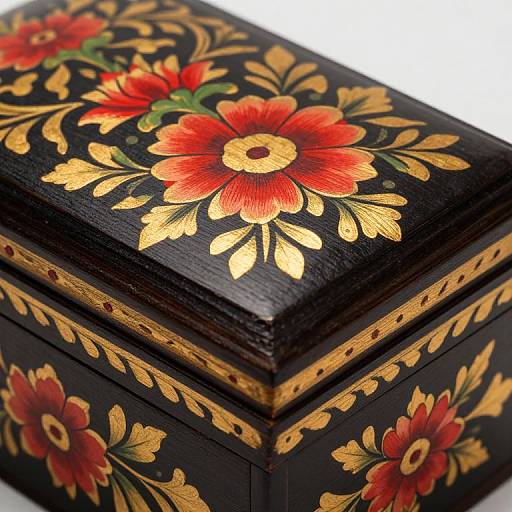 Photograph of a black wooden box with vivid red and yellow floral patterns, gold accents, and intricate detailing on all sides.