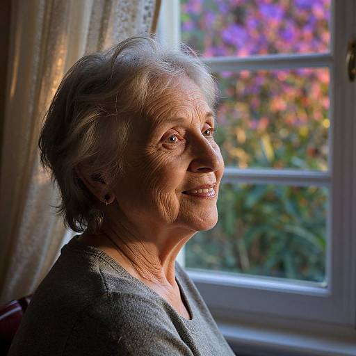 Photograph of smiling elderly woman with short gray hair, wearing gray sweater, lit by sunlight through window with colorful flowers outside.