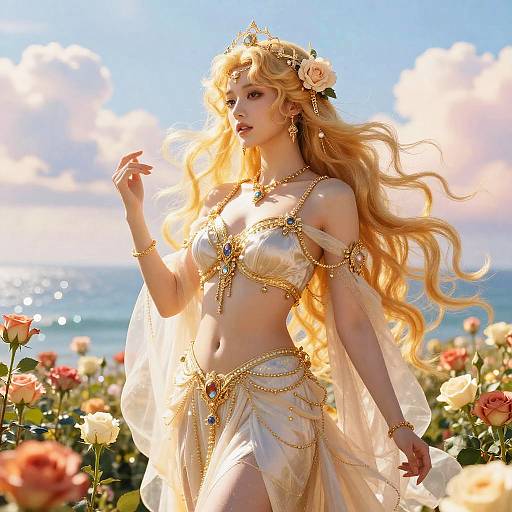 Photorealistic digital art of a blonde, fair-skinned woman with flowing hair, wearing a golden, bejeweled, sheer white bikini and