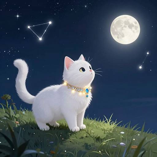 Digital artwork of a white kitten with a jeweled collar gazing at a bright full moon and starry night sky.
