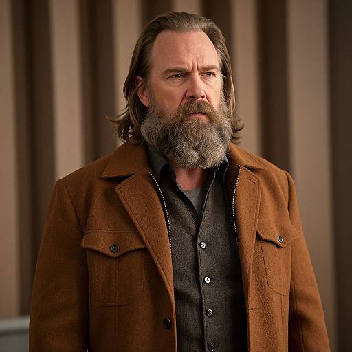 Photograph of a middle-aged white man with a full gray beard, wearing a brown corduroy blazer over a black button-up shirt, standing