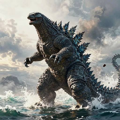 Digital illustration of Godzilla emerging from ocean waves, surrounded by splashing water and dramatic, cloudy sky. Godzilla's textured, scaly skin and sharp dorsal