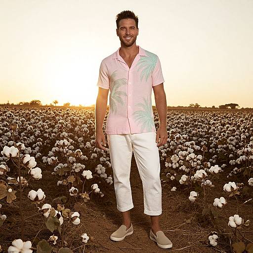Photograph of a smiling, bearded man with short curly hair, wearing a pink floral shirt, white pants, and beige slip-ons, standing in