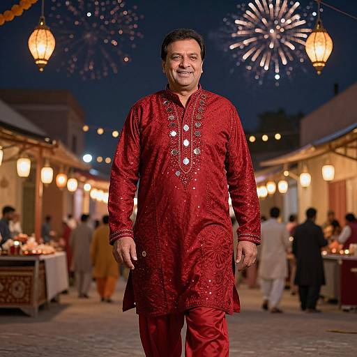 Photograph of a smiling South Asian man in a red, embellished traditional kurta, standing in a festive evening market with string lights and fireworks in