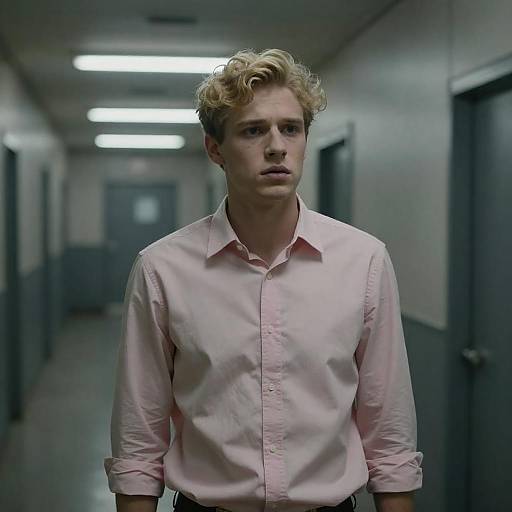 Concerned Young Man in Industrial Hallway