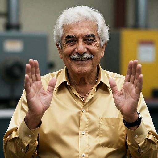 Elderly Man in Gold Shirt Smiling