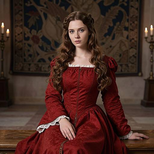 Photograph of a young woman with long, wavy brown hair, wearing a Victorian-style, red lace-trimmed dress, sitting in a dim