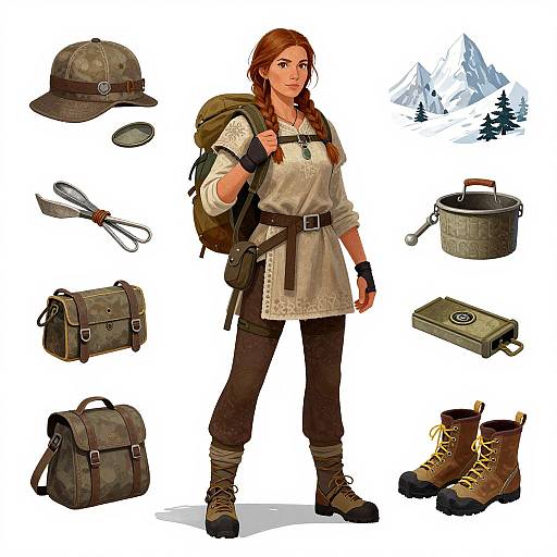 Digital illustration of a brown-haired woman in hiking attire, backpack, brown boots, surrounded by camping gear and mountain background.