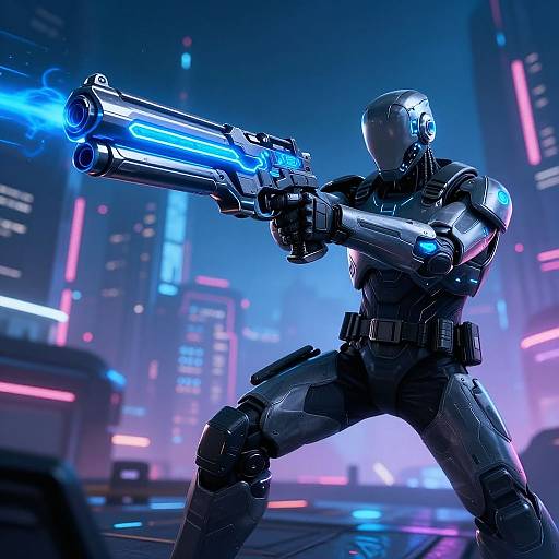CGI image of a futuristic, black, armored robot with a silver helmet firing a glowing blue laser gun in a neon-lit cityscape.