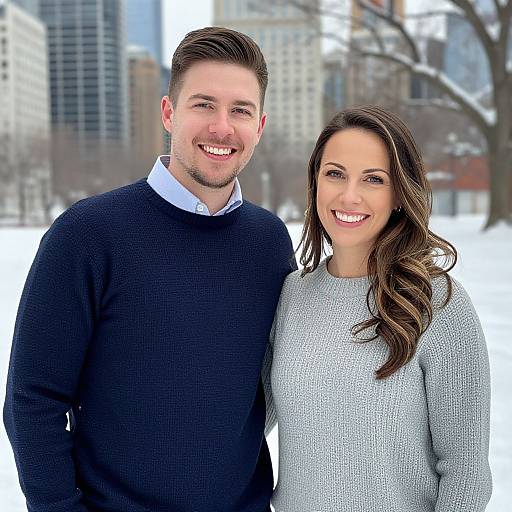 Photograph of smiling couple in winter cityscape; man in dark sweater, woman in light gray sweater, both with brown hair, standing in snow.
