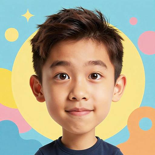 Photograph of an Asian boy with short, dark brown hair, large brown eyes, and a slight smile, wearing a navy shirt, against a colorful