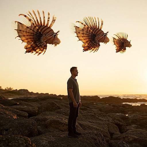 Photograph of a silhouetted man standing on rocky shore at sunset, with four blurred, floating fish wings above him.
