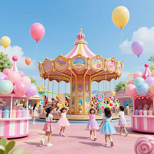 Bright, colorful carnival scene with children in pastel dresses, a gold and pink carousel, and floating balloons under a clear blue sky.