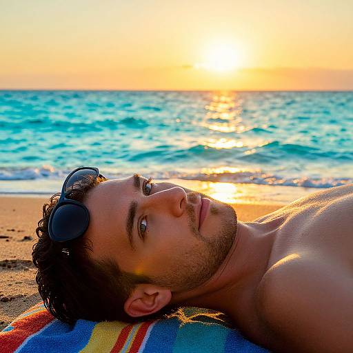 Photograph of a shirtless, bearded man with sunglasses on his head, lying on a colorful towel at sunset on a beach, with the sun