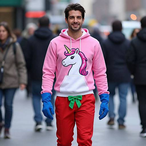 Photograph of a smiling man in a pink unicorn hoodie, red pants, blue gloves, walking in a blurred city street.