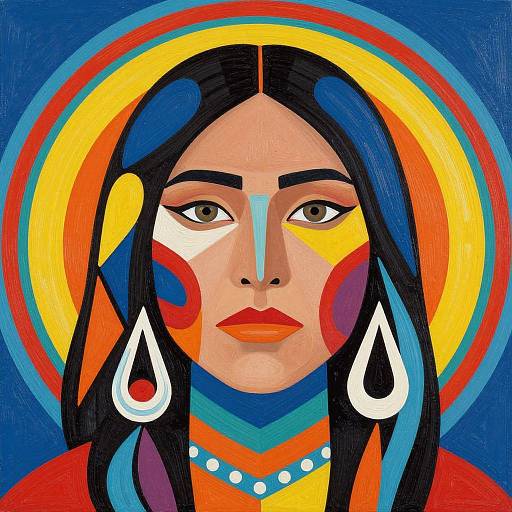 Vibrant digital portrait of a Native American woman with long black hair, large white earrings, red lips, and colorful abstract background.