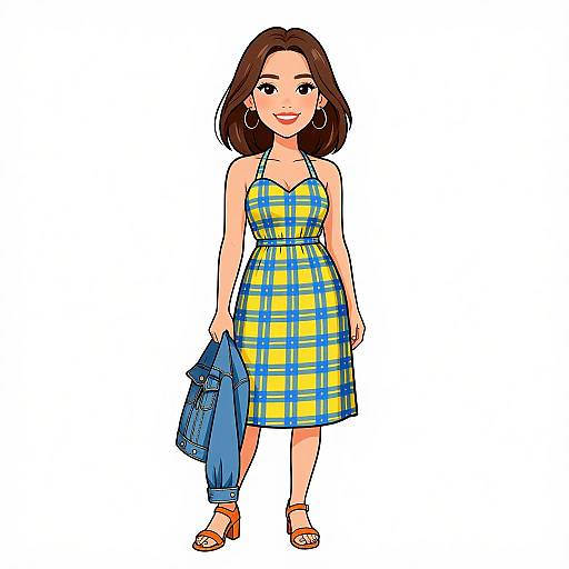 Digital illustration of a smiling woman with brown hair, wearing a yellow and blue plaid dress, holding a blue denim jacket, and brown sandals.